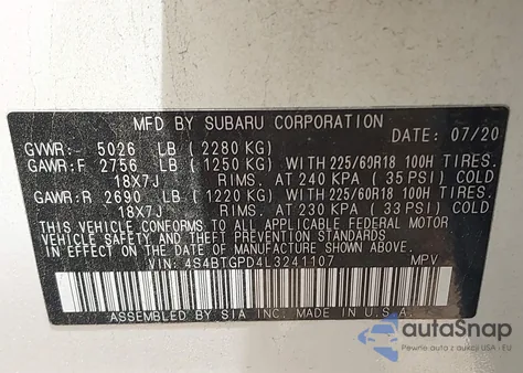 2020 Subaru Outback Touring Xt z USA, uszkodzony, nr VIN 4S4BTGPD4L3241107